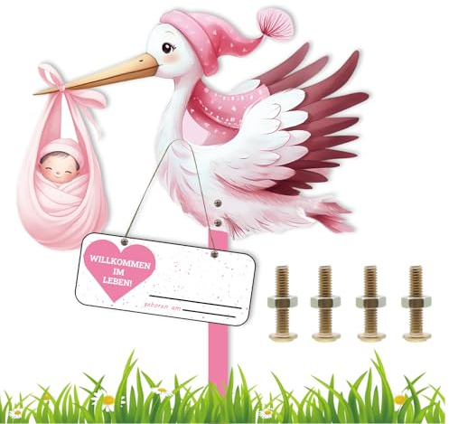 Storch Geburt für Draussen Mädchen, Rosa Holzstorch Klapperstorch zur Geburt Draußen, Baby Storch Geburt, Geburtsstorch Beidseitig Bedruckt inkl Holzstab und Namensschild mit Grußkarte (B Pink)