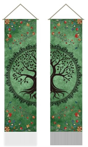 AHANDMAKER 2er Pack Wandteppiche Mit Grünem Lebensbaum Vertikaler Langer Wandteppich Im Bohème Stil Türvorhang Mit Quaste Wandbehang Für Schlafzimmer Wohnzimmer