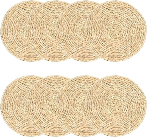 8er Set Tischset Runde Geflochtene, 30cm Handgefertigte Boho-Tischsets, rutschfeste Natürliche rund Geflochten aus Wasserhyazinthe für Esstisch, Bauernhausstil, Hochzeit, Party