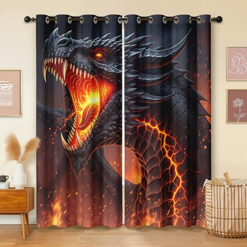 Havenix Fantasy Feuerdrachen Vorhänge Blickdicht mit ösen Lava Magma Gaming Gardinen Wohnzimmer Verdunklungsvorhänge für Schlafzimmer Fenster Vorhang 166 cm Lang 2er Set