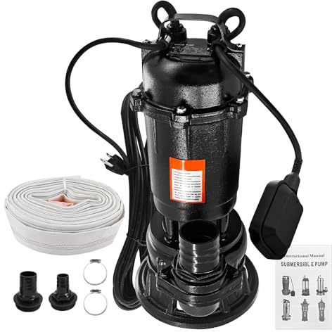 Dewinston - Pompa sommergibile da 2 HP da 220 V con lame 6498 GPH pompa a effluente con interruttore a galleggiante automatico e tubo da 65 piedi per lavandino del pozzetto, cantina, acque reflue