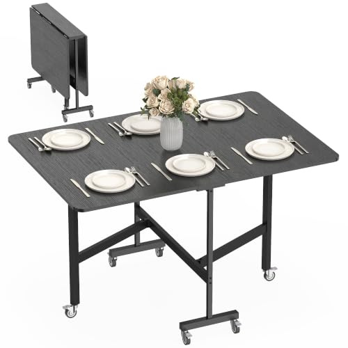HOMCOM Esstisch Klappbar für 4-6 Personen 120 x 80 x 73 cm Schwarz | Küchentisch, mit Rollen, Stahlbeine, Mobiler Klapptisch, Esszimmertisch, für Kleine Räume, Esszimmer, Küche