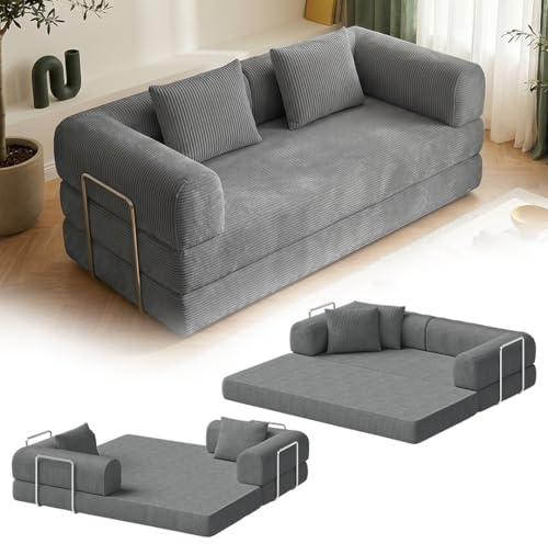 skølm Lofn Schlafsofa 2-Sitzer 200 cm, Cord Dunkelgrau, 2 Kissen, Klappsofa | Ausklappbare Couch zum Bodensofa, modulare Vollschaumcouch mit Stahlgestell, Cordsofa Wohnzimmer, vakuumverpackt, Klappsofa