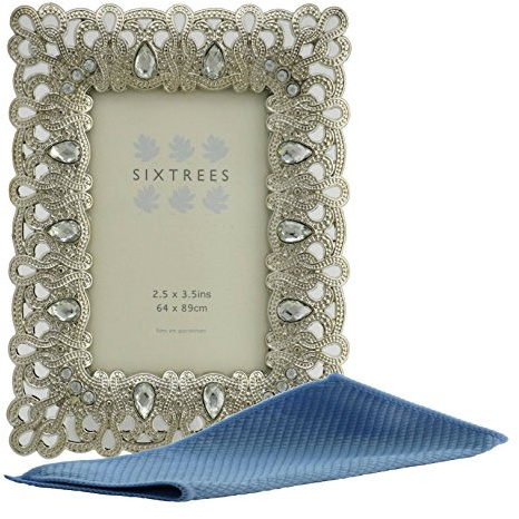Sixtrees Diana 2-513-23 Antique Vintage and Shabby Chic Style silver metal 2.5 x 3.5 inch photo frame with beads and crystals. (64 x 89mm) picture. Complete with Microfibre cleaning cloth.