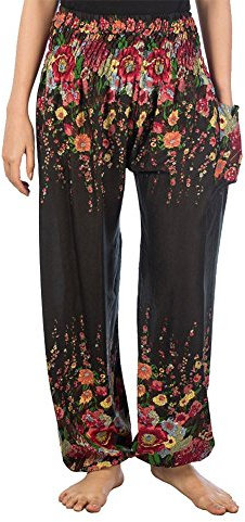 Lofbaz Damen Boho Haremshose Festival Outfit Sommerhose Leicht Yogahose Pumphose Hippie Hose Kleidung Sommer Hosen - Floral 2 Schwarz 3XL Große Größen