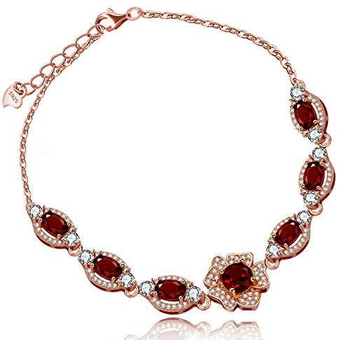 Braccialetto in vero granato rosso con 7 pietre, motivo floreale, placcato in oro rosa, catena in argento 925, bracciali in pietra portafortuna di gennaio per donna FB063