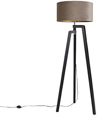 Qazqa - Floor lamp Tripod Black with Taupe Shade and Gold 50 cm - Puros- - Country I Rustic - Suitable for LED E27 | 1 Light - Wood Floor lamp - Suitable for Living Room I Bedroom I