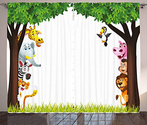 ABAKUHAUS Kindergarten Rustikaler Vorhang, Bäume Freundlich Jungle, Wohnzimmer Universalband Gardinen mit Schlaufen und Haken, 280 x 175 cm, Grün Braun