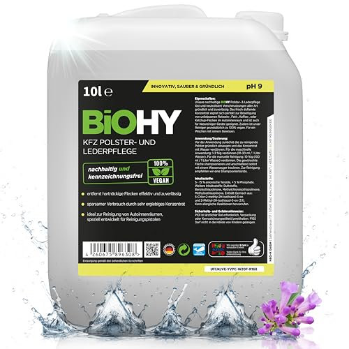 BIOHY KFZ Polster- & Lederpflege (10 Liter Kanister) | KFZ- Innenraum Aufbereitung & Lederpflege | hinterlässt angenehmen Geruch | Fleckenentferner für Autositze | ideal für Reinigungspistolen