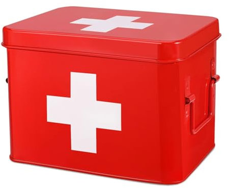 Flexzion Medizinbox, Hausapotheke Box, Apothekenbox - 21x16x15cm Medikamenten Aufbewahrung Box aus Metall für Notfall, Erste Hilfe Schrank, mit Seitengriffen, abnehmbarem Tablett & 4 Fächern, rot