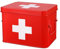 Flexzion Medizinbox, Hausapotheke Box, Apothekenbox - 21x16x15cm Medikamenten Aufbewahrung Box aus Metall für Notfall, Erste Hilfe Schrank, mit Seitengriffen, abnehmbarem Tablett & 4 Fächern, rot