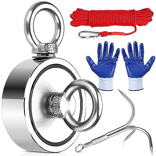 Magnetfischen Set 480KG Doppelseitig Ösenmagnet N52 Starker Magnet Ø75 mm Angelmagnet mit 20 m Seil Handschuhe Suchanker Neodym Magnet für Magnetangeln, Bergung im Fluss