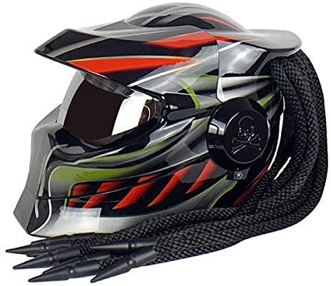 BANNESE Predator Motorradhelm, Persönlichkeit Full Face Flip Open Motorradhelmmaske Mit Haargeflecht Und LED-Licht Für Reiten Im Freien Oder Clubpartys Und Cosplay Prop, DOT,Rot,L