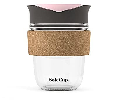 SoleCup. - Reusable Strengthened Glass Travel Cup - Spill Proof Insulated Coffee Mug - 12oz/340ml BPA-Free Hot Drink Travel Mug with Lid & Cork Band (Grey)
