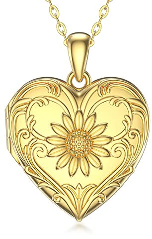 SOULMEET Yellow Gold Plated Personalized Sunflower Heart Shaped Locket Necklace That Holds Picture(Locket only)
