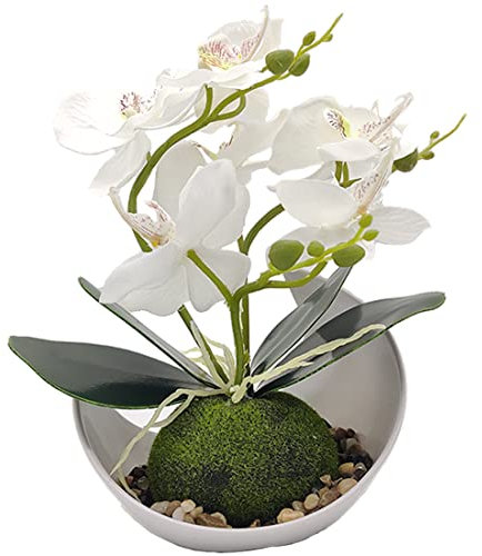 Aisamco Fiori di orchidea artificiali con vaso bianco Fiori di phalaenopsis finti in plastica con vaso di fiori artificiali per la decorazione dell'ufficio di nozze a casa