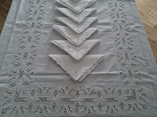 Generico 12-teiliges Leinentischdecken-Set, Weiß, Rechteckig, 1.75 x 2.65 Meter, Mit Stickerei, Glattwebe (Plain Weave), 100% Leinen, Maschinenwäsche kalt, Esstisch