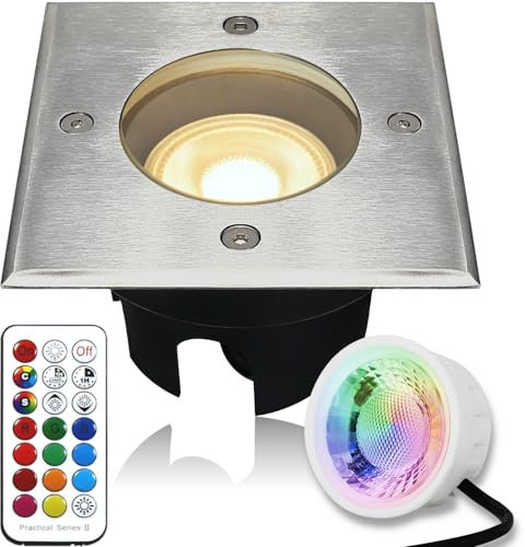 LEDFULL® LED Bodeneinbaustrahler flach für Aussen mit RGB Farbwechsel + Warmweiß Modul 230V dimmbar - Hell & Sparsam/Eckiger Bodenstrahler befahrbar - IP67 Wasserdicht