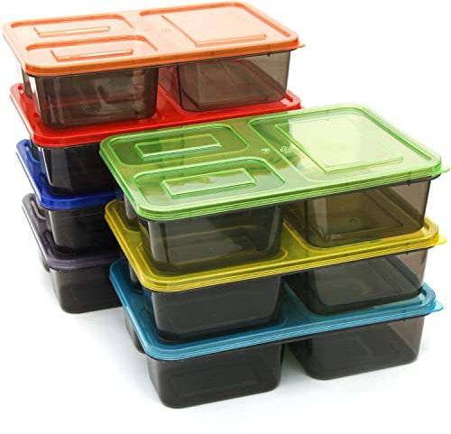 Youngever 7 Sets Bento Lunch Box, Meal Prep Containers, Reusable Plastic Divided Food Storage Container Boxes (3 Compartment)