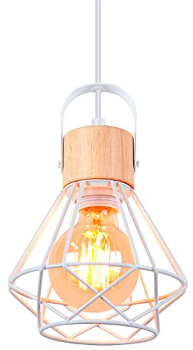 iDEGU Industrielle Pendelleuchte 16cm Hängelampe aus Holz und Metall Vintage Lampe mit Geometrischem Käfig Weiß E27 Retro Hängeleuchte für Esszimmer Wohnzimmer Küche (1-flammig Pendellampe, 1 Stück)
