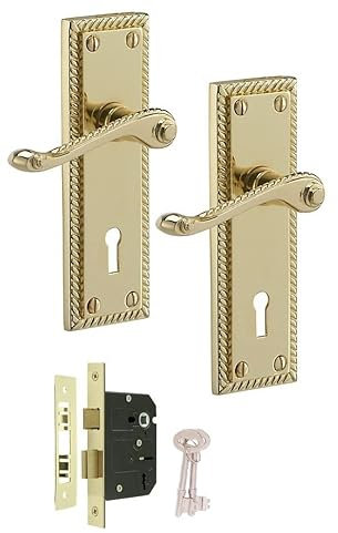 Golden Grace Georgian Lever Lock Door Handle with 64 mm Mortise Back Plate Size Key Lock and 2 Keys in Premium Polished Brass Finish - 150mm x 48mm