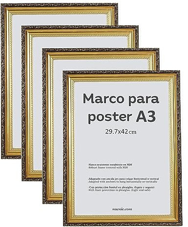 Nacnic - Lot de 4 cadres en bois MDF doré et verre acrylique | Protection et présentoir de photos, feuilles, affiches, tableaux et décoration pour salon, chambre ou bureau | A3 (29,7 x 42 cm)
