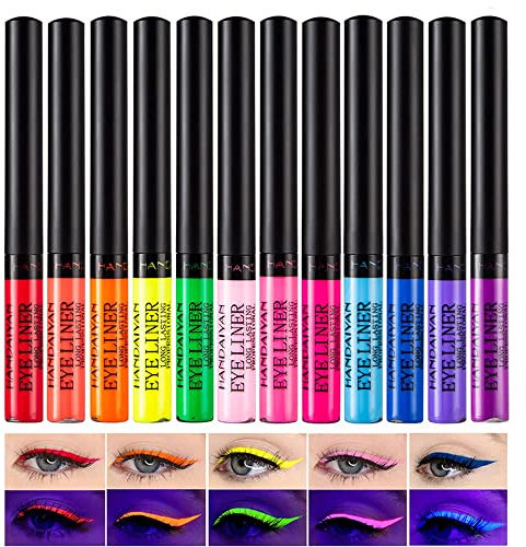 Fluoreszierender flüssiger Eyeliner, Greatlizard 12 Farben Neon Liquid Eyeliner Kit Wasserfest UV Glow Matte Eyeliner Makeup für den täglicheGebrauch und Halloween, Weihnachten