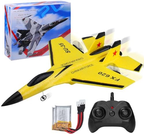 yusvwkj RC Plane, SU35 RC Airplane Ready to Fly, 2.4 GHz 2 Channel Remote Control Airplane RC Glider with Colored Lights for Kids/Adults/Beginners, Yellow