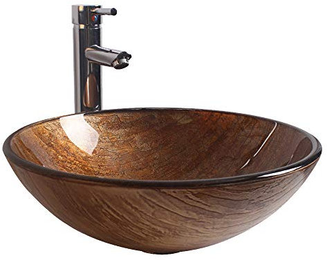 HESIEU Waschbecken aus gehärtetem Glas, Badezimmer, Toilette, runde Schüssel, Musterbecken, runde Waschschüssel, Wasserhahn-Kombination, künstlerisches Waschbecken