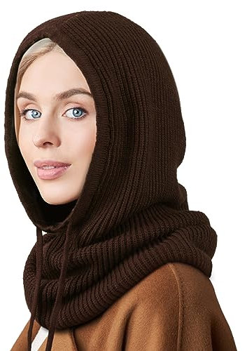 DRESHOW Wintermützen für Damen Balaclava Strickmütze Skull Cap mit Kordelzug Warmer Kapuzenschal Mütze