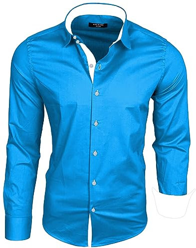 Subliminal Mode - Chemise Homme Coupe Ajuster Col et Manche Bicolore avec Un Repassage Facile Manches Longues Casual S500 Couleur Turquoise Taille L