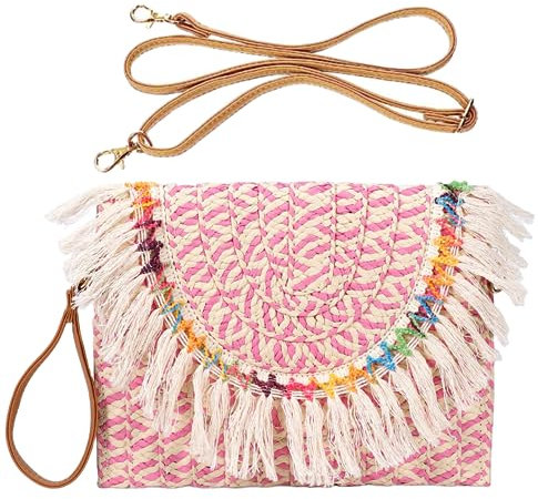 HINGTAT Bolso de mano de paja para mujer, bolso cruzado de paja, bolsas de playa para mujer, bolsa de tela de paja, bolsa de fiesta para fiesta de noche, 16-rosa