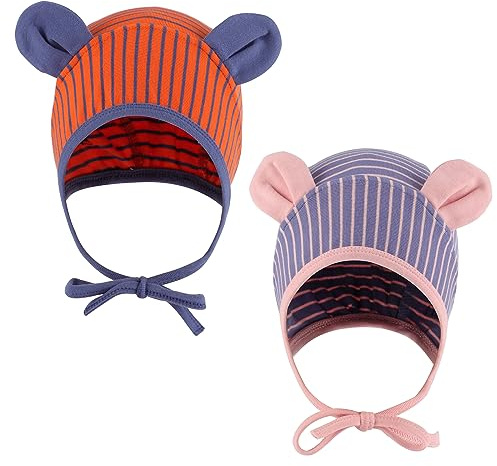 LACOFIA Baby Jungen Mädchen Mütze Kleinkind Weiche Baumwolle Beanie Hut Baby Earflap Winddicht Bär Mütze 2 Stücke Orange Streifen+Blaue Streifen 9-24 Monate M