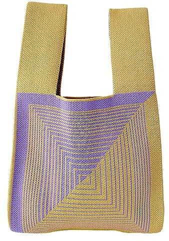 Anopo Donna Polso Nodo Borsa Tote Piccolo Uncinetto Polsino Borsa a Mano Estetico Carino Maglia Borsetta Strisce Viola Giallo