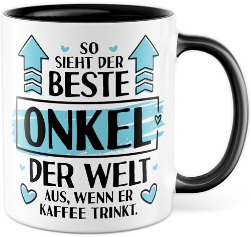 Onkel Tasse mit Spruch - Geschenk So sieht der beste Onkel der Welt aus, wenn er Kaffee trinkt - Kaffeetasse 330ml aus Keramik - Großonkel Neffe Nichte Familie Kaffee-Becher