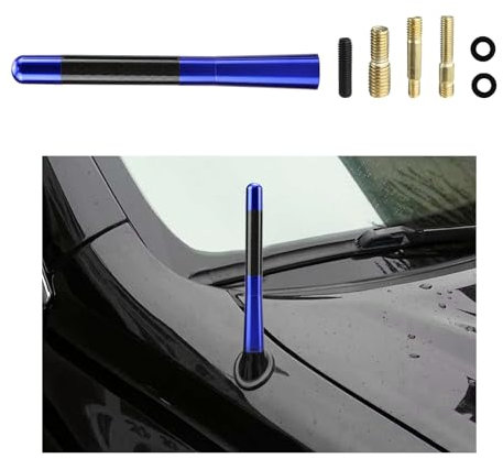 Dickno Antenne courte de voiture en aluminium de 11,9 cm, antenne de réception radio AM/FM automatique en fibre de carbone avec vis, mini antenne de toit de véhicule pour voiture SUV (bleu)