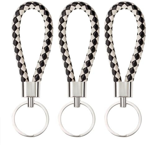 PPhtony Porte-clés de voiture en cuir tressé avec sangle tissée - Accessoires pour homme et femme - Cadeau d'anniversaire et de Noël, noir et blanc, Small