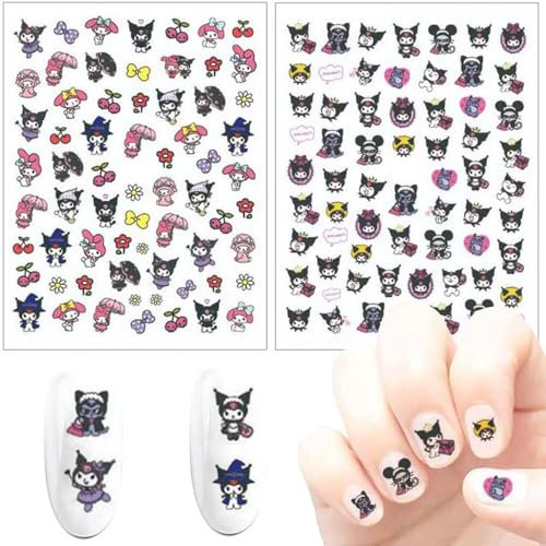 Kuromi Nail Art Sticker, Cute Cartoon Nail Art Decals, 3D Self-Adhesive Nail Stickers, Kawaii Designer Anime Nail Stickers for Girls, Children, Women, Manicure Tips, Decoration (2 Sheets