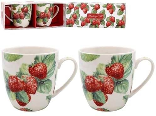 Lesser & Pavey Erdbeerfeldbecher-Set, 2er-Set, Keramik-Kaffeebecher-Set für Zuhause oder Arbeit, hochwertiges Design-Tassen-Set für alle Gelegenheiten, schöne Tassen für Tee, Kaffee und heiße Getränke