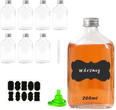 Lot de 8 bouteille en verre de 200 ml, avec bouchons à vis argentés, entonnoir, mini bouteille verre, Flasque pour whisky liqueurs et dégustations
