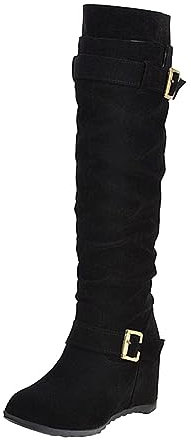 Stivali di gomma da donna, alla moda, da donna, con fibbia da cintura, con zeppa alta, stivali lunghi in pelle, casual, Nero , 42 EU