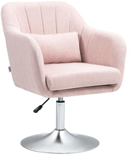 HOMCOM Swivel Linen Fabric Accent Chair for Living Room Contemporary Vanity Armchair with Adjustable Height Thick Cushion Lumbar Support Armrest for Bedroom Office Pink