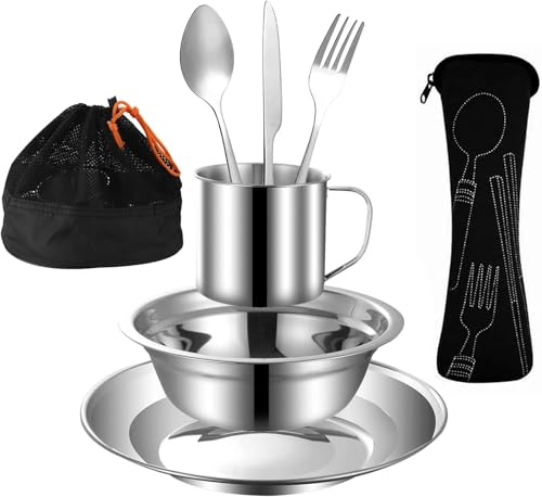 Outdoor Camping Besteck Set Edelstahl Geschirr Mess Kit | Beinhaltet Platte Schüssel Cup Löffel Gabel Messer in Mesh Taschen für Camping Backpacking für eine Person