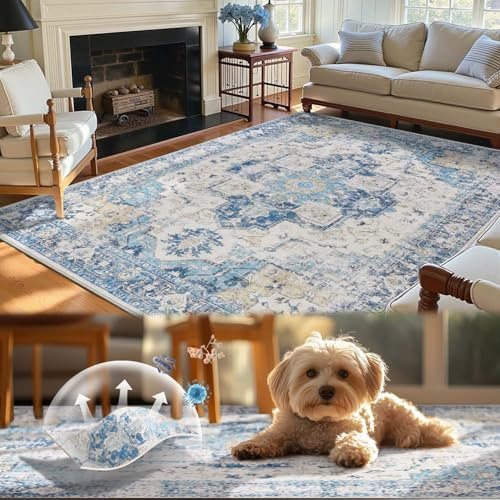 TOPICK Teppich 90x150cm Fußmatte Waschbar Fussmatte Innen Kurzflor Retro Blau Blume Orientalischer Teppich Antibakterieller Faltbar rutschfest Dünn Türmatte für Eingangs Küche Flur Schlafzimmer