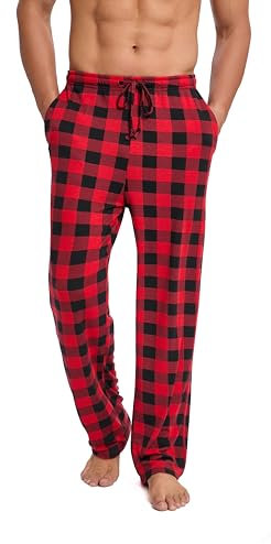 Dosieyeo Pantalon de pyjama pour homme - Long - Léger et aéré - Avec poches - Pantalon ample avec taille élastique - Pantalon de loisirs - M à 3XL, Rouge/noir à carreaux, L