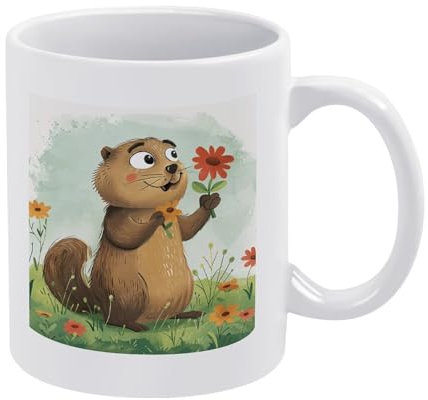 VFMNT Tasses à café modernes en céramique avec motifs de marmotte tenant une fleur, tasses à thé fantaisie en porcelaine avec grandes poignées, cadeaux pour bureau, lave-vaisselle et micro-ondes