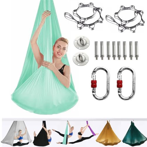 Bestash Aerial Yogatuch, 5 * 2.8m Groß Yoga HäNgematte Set Aerial, Akrobatik Tuch, Yogatuch Zum AufhäNgen Inklusive VollstäNdiger Installationshardware Nur für Erwachsene (Lakegreen)