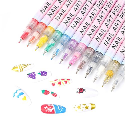 Hinourisha12pcs 3D Nail Art Pens Set, Acrylic Nail Paint Pens Kit, 0.5mm Fine Tip Nail Varnish Pens for Real Nail Makers kit Graffiti Pen Quick-drying Waterproof Nail Point Line Art Pen for Nail DIY