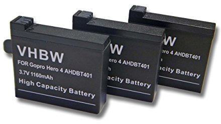 vhbw 3x batteria compatibile con GoPro HD Hero 4 Black, 4 + Plus, 4 Black Edition Music videocamera camcorder (1160mAh, 3,7V, Li-Ion)