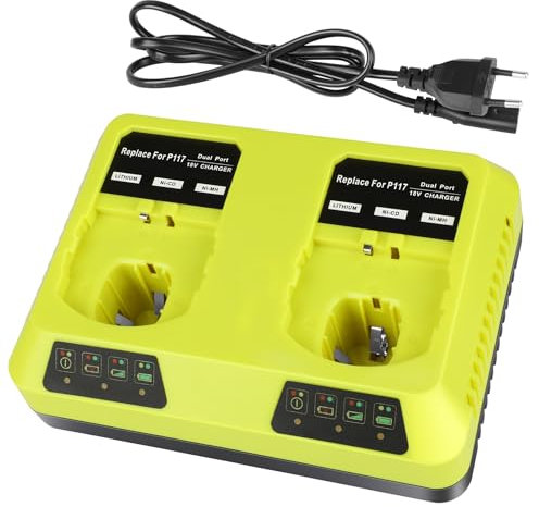 KUNLUN P117 Chargeur pour Ryobi 18V Batterie, 2 Ports Chargeur de Remplacement pour Ryobi One+ P108 P107 P104 P105 P102 P103 P117 Batterie Li-ION/Ni-Mh